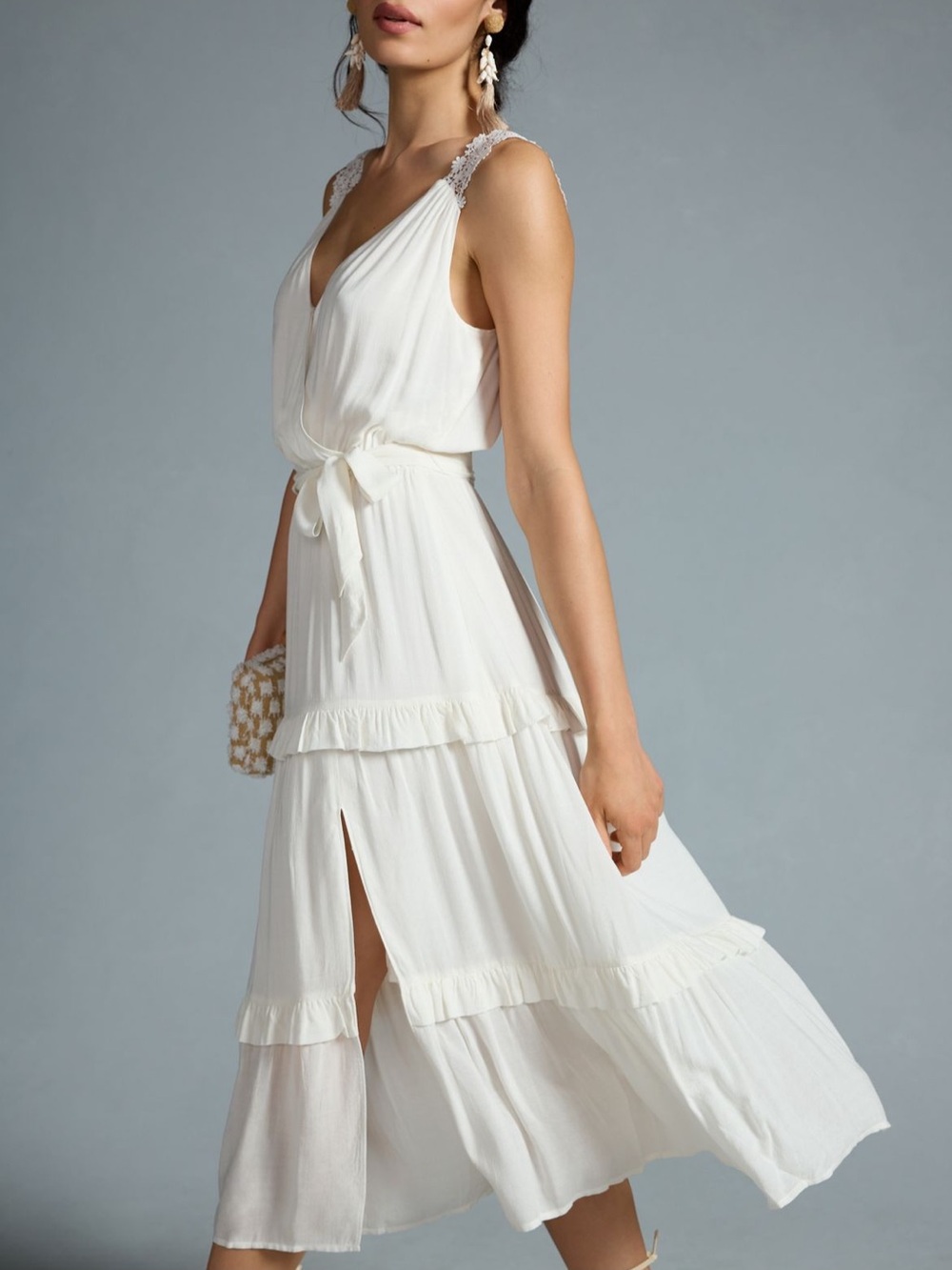 Anthropologie Ivory Tiered Maxi Dress with Lace Straps